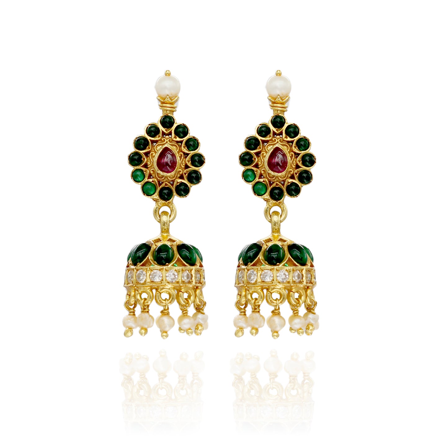 EARRINGS:- 92.5 STERLING SILVER GOLD PLATED WITH PINK & GREEN ONYX , CULTURED & FRESH WATER PEARLS.