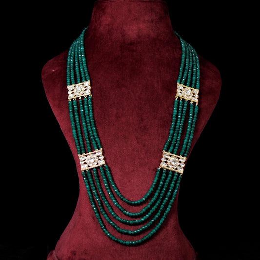 NECKLACE:- 92.5 STERLING SILVER GOLD PLATED, KUNDAN WITH ZIRCONIA AND GREEN ONYX BEADS.