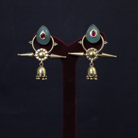 GOLD PLATED STERLING SILVER JHUMKI IN   TRIBAL  JADAU MILANGE COLLECTIONS.