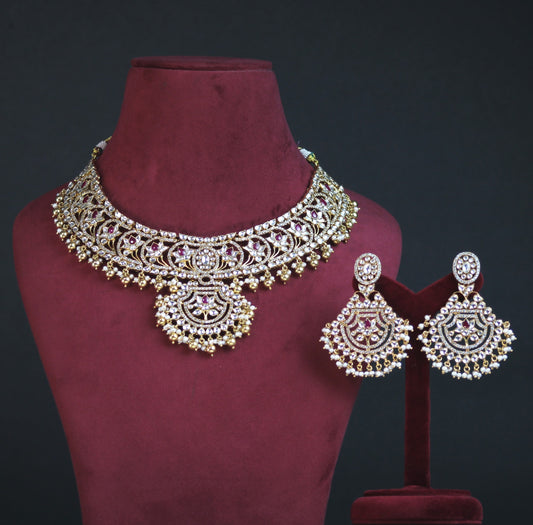 NECKLACE SET 92,5 STERLING SILVER, GOLD PLATED with KUNDAN, PINK ONYX  and  FRESH WATER PEARLS