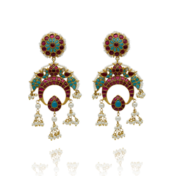 EARRINGS:- 92.5 STERLING SILVER GOLD PLATED WITH TURQUOISE, PINK ONYX STONES ADN FRESH WATER PEARLS.