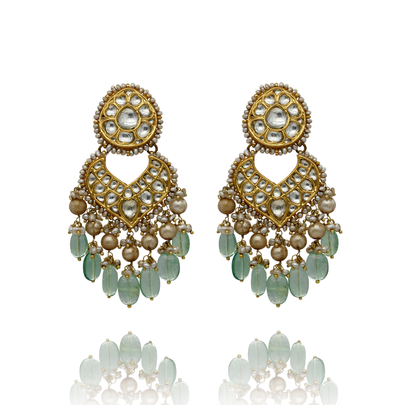 EARRINGS:- 92.5 STERLING SILVER GOLD PLATED WITH KUNDAN, FLUORITE STONES AND CULTURED & FRESH WATER PEARLS.