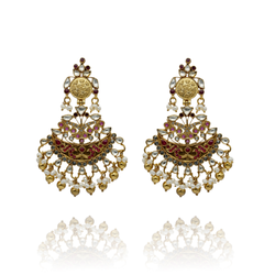 EARRINGS:- 92.5 STERLING SILVER GOLD PLATED WITH KUNDAN CRYSTAL, PINK ONYX  AND FRESH WATER PEARLS AND SILVER BEADS.