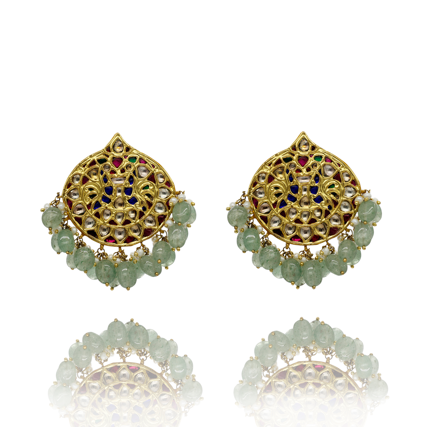 EARRINGS:- 92.5 STERLING SILVER GOLD PLATED WITH KUNDAN, LAPISE, PINK & GREEN ONYX, FLUORITE stones  AND FRESH WATER PEARLS.