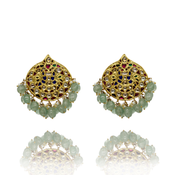 EARRINGS:- 92.5 STERLING SILVER GOLD PLATED WITH KUNDAN, LAPISE, PINK & GREEN ONYX, FLUORITE STONES  AND FRESH WATER PEARLS.