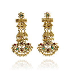 EARRINGS:- 92.5 STERLING SILVER GOLD PLATED WITH KUNDAN, GREEN & PINK ONYX STONES AND SILVER BEADS.