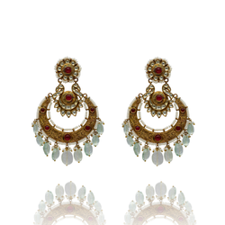 EARRINGS:- 92.5 STERLING SILVER GOLD PLATED WITH KUNDAN PINK ONYX  & AQUA CHALCEDONY AND FRESH WATER PEARLS.