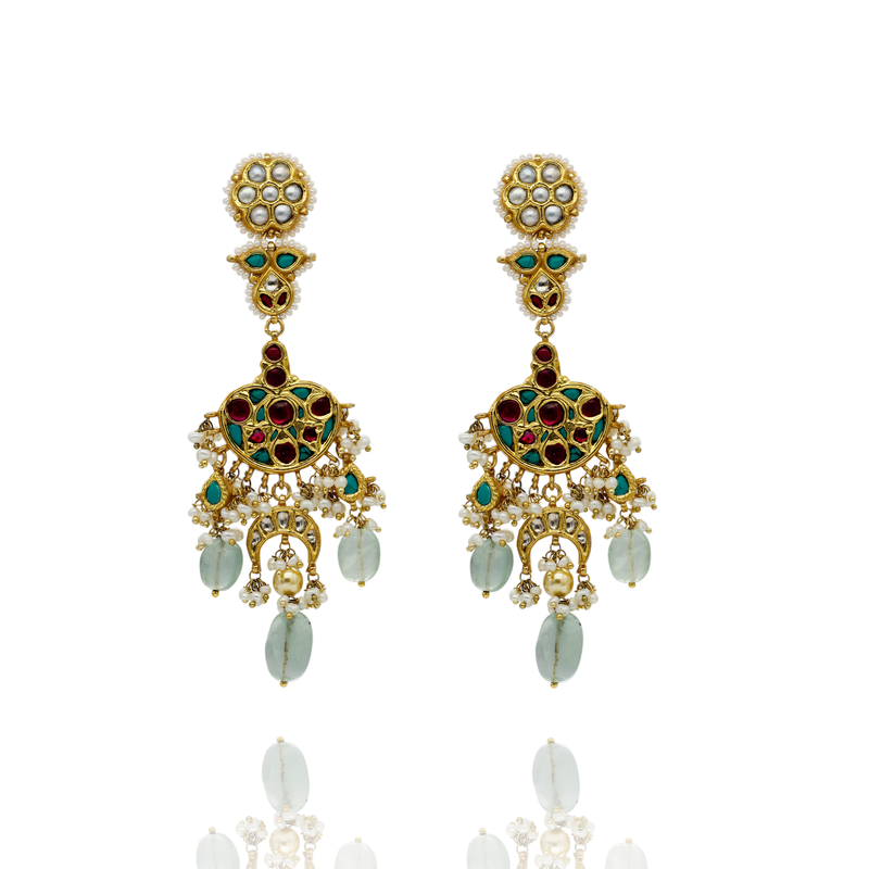 EARRINGS:- 92.5 STERLING SILVER GOLD PLATED WITH, KUNDAN, TURQUOISE, PINK ONYX AND CHALCEDONY AND FRESH WATER PEARLS.