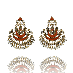 EARRINGS;- 92.5 STERLING SILVER GOLD PLATED WITH KUNDAN & CORAL  AND FRESH WATER PEARLS.