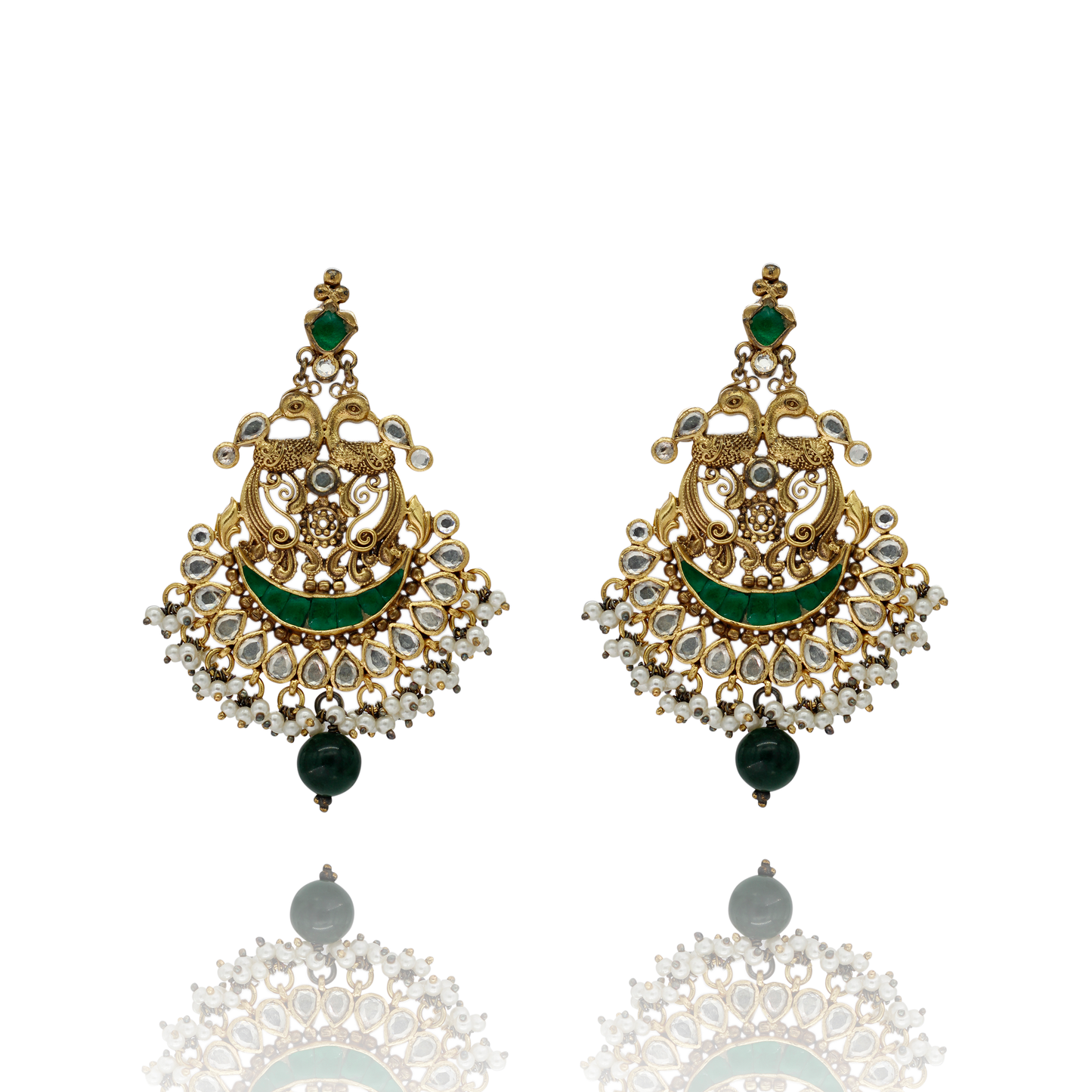 EARRINGS:- 92.5 STERLING SILVER GOLD PLATED WITH KUNDAN, GREEN ONYX AND FRESH WATER PEARLS.