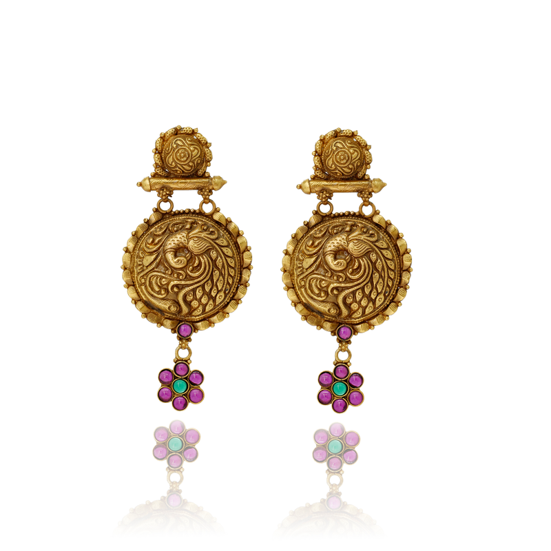 EARRIGNS:- 92.5 STERLING SILVER GOLD PLATED WITH PINK & GREEN ONYX
