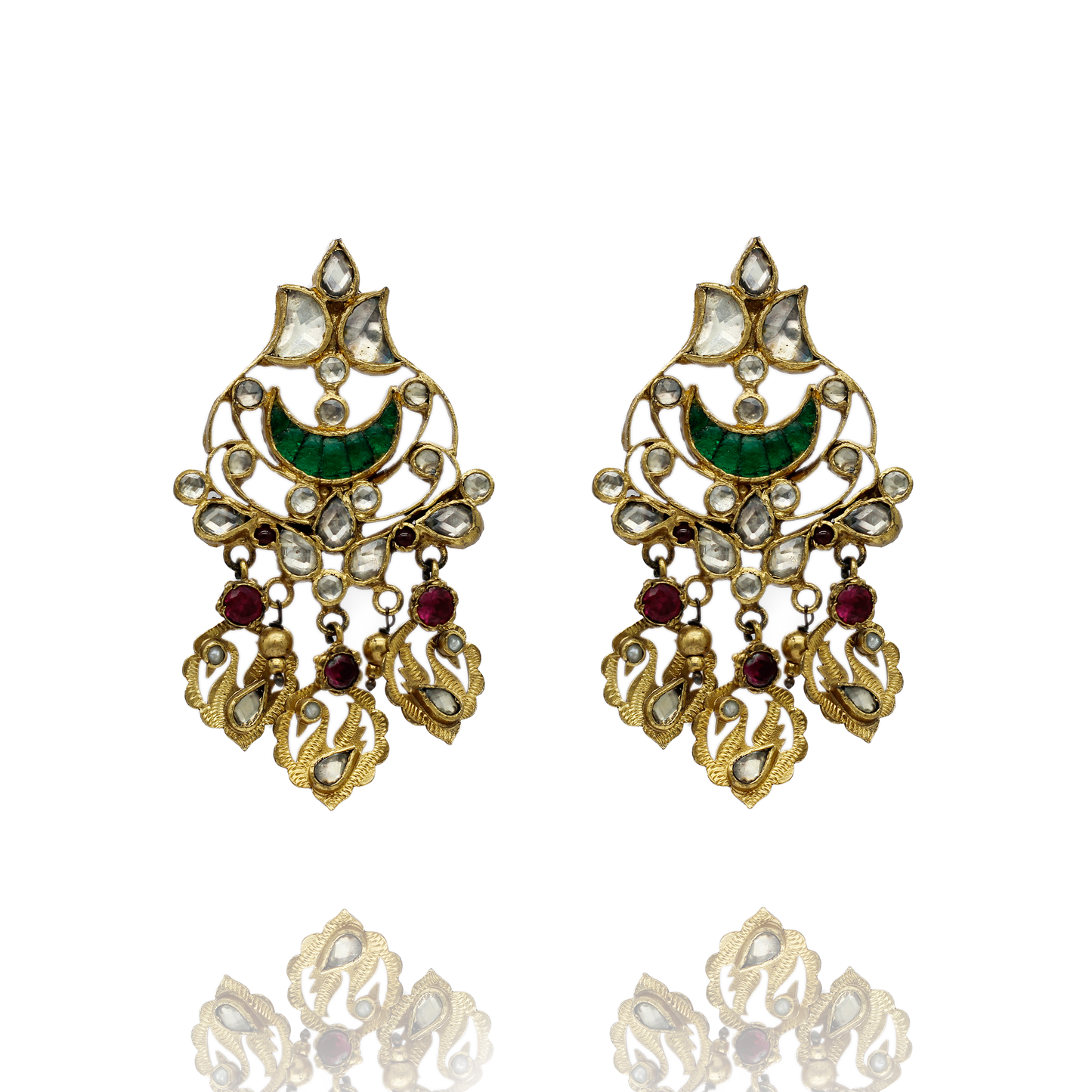 EARRINGS:- 92.5 STERLING SILVER GOLD PLATED WITH KUNDAN, GREEN & PINK ONYX AND SILVER BEADS.