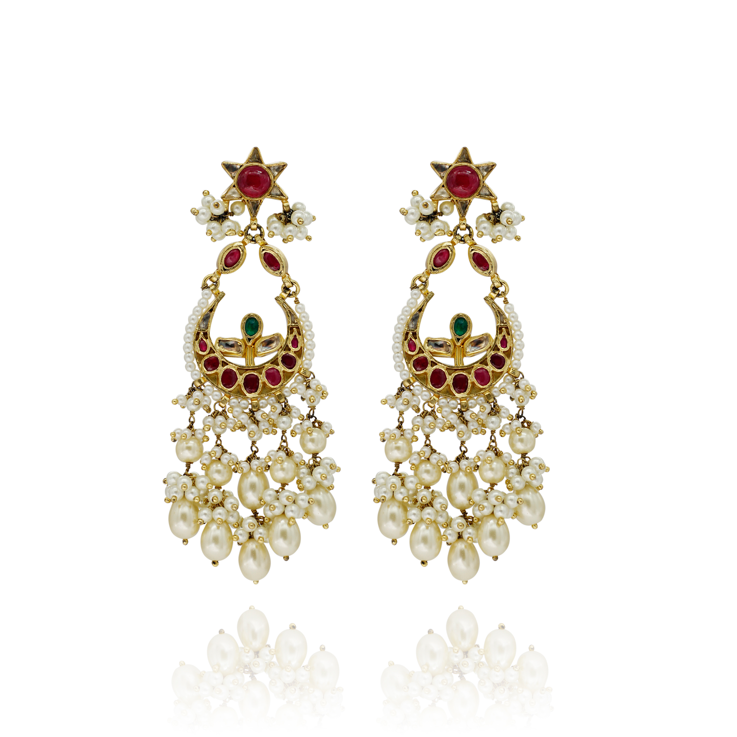 EARRINGS:- 92.5 STERLING SILVER GOLD PLATED WITH KUNDAN, GREEN & PINK ONYX stones AND FRESH WATER PEARLS.