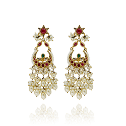 EARRINGS:- 92.5 STERLING SILVER GOLD PLATED WITH KUNDAN, GREEN & PINK ONYX STONES AND FRESH WATER PEARLS.