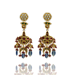 EARRINGS :- 92.5 STERLING SILVER GOLD PLATED, KUNDAN, GREEN & PINK ONYX, CHALCEDONY STONES WITH FRESH WATER PEARLS.