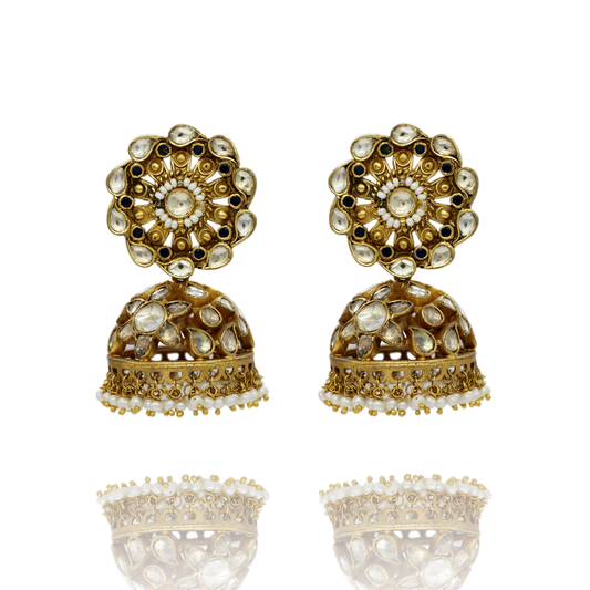 EARRINGS :- 92.5 STERLING SILVER GOLD PLATED WITH KUNDAN & GARNET AND FRESH WATER PEARLS.