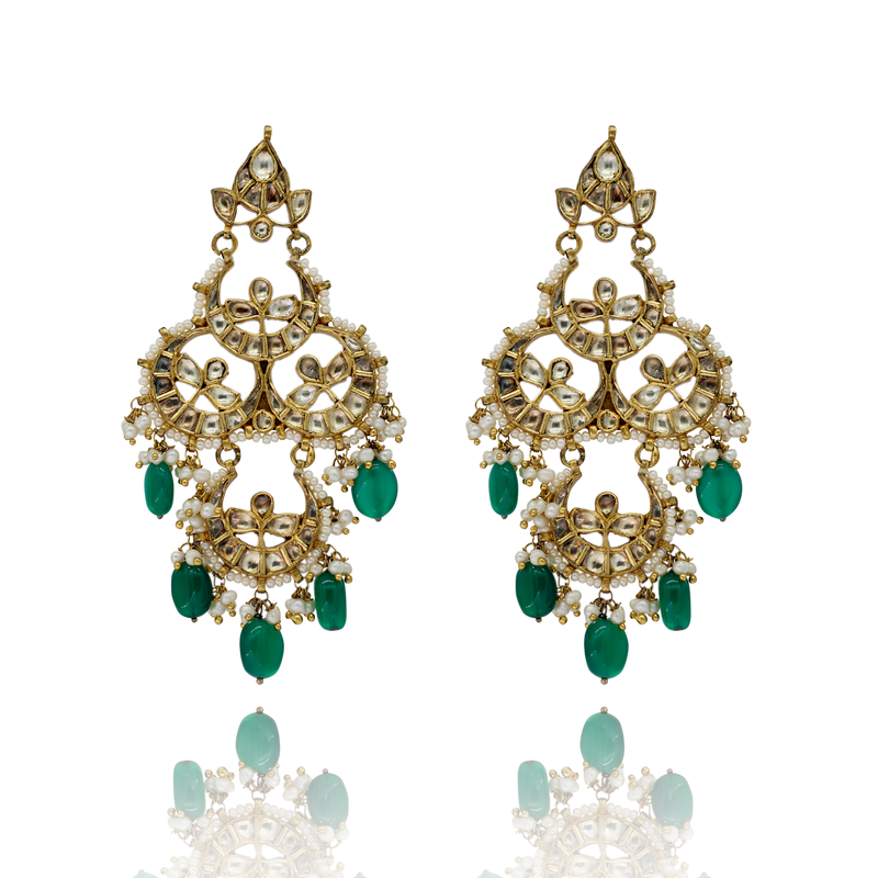 EARRINGS:- 92.5 STERLING SILVER GOLD PLATED WITH KUNDAN, GREEN ONYX STONES, CULTURED & FRESH WATER PEARLS.