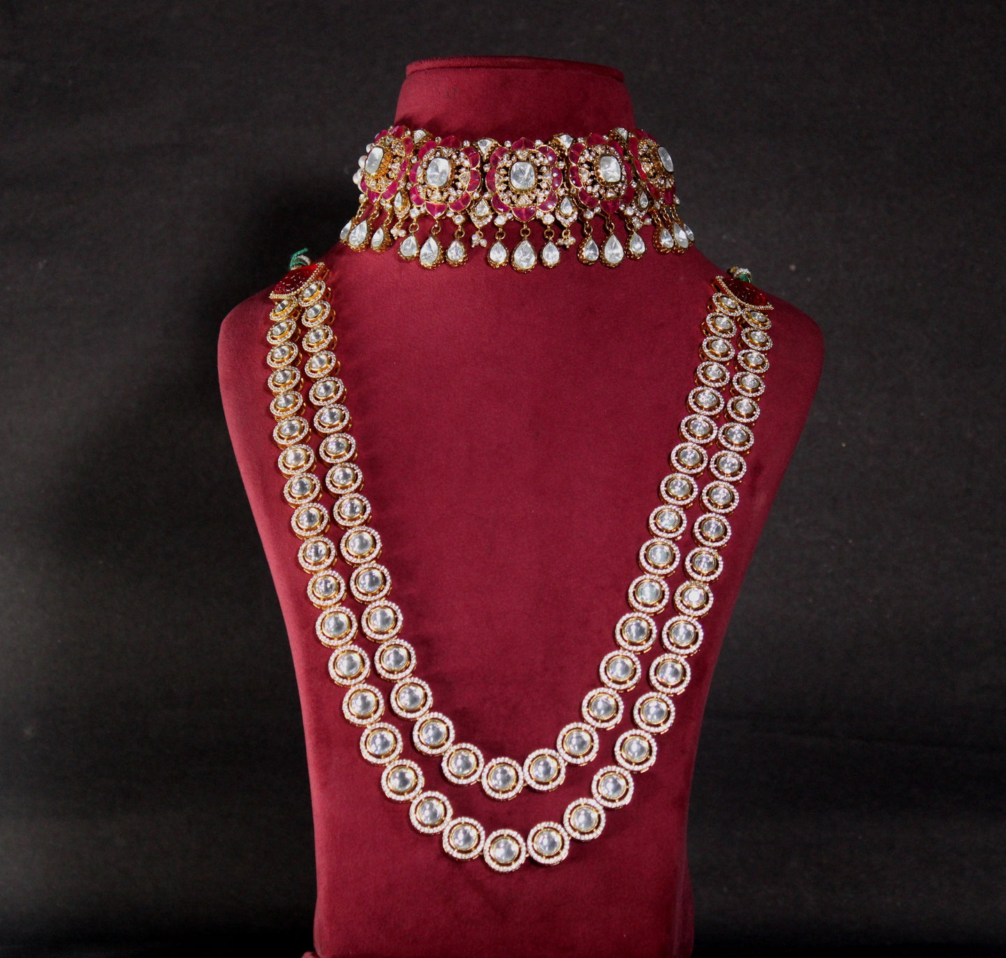 NECKLACE AND EARRING IN 92.5 STERLING SILVER IN 18KT GOLD PLATED WITH moissanite POLKI AND RUBY  Stoned WITH ZIRCONIA