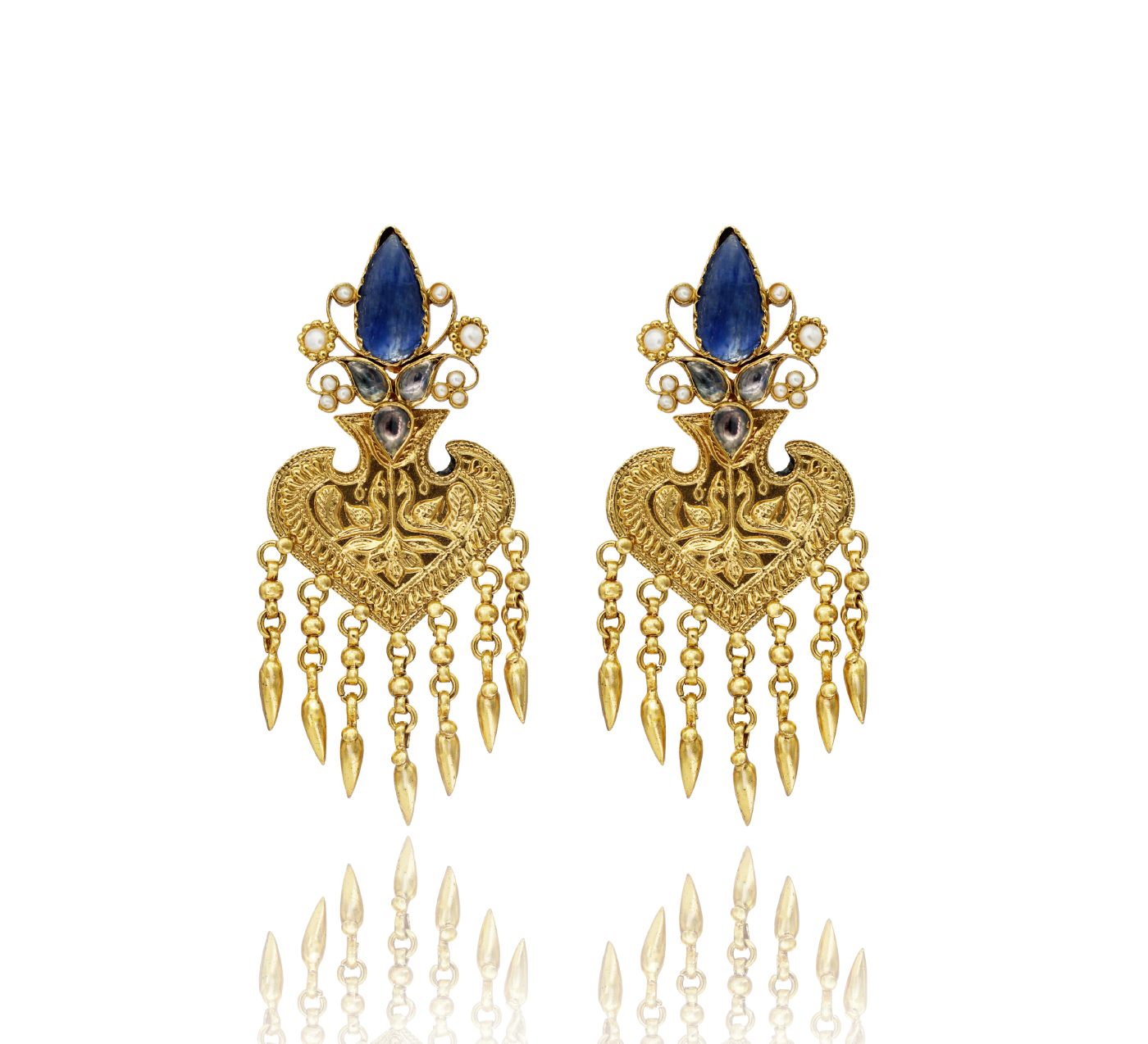 EARRINGS:- 92.5 STERLING SILVER GOLD PLATED WITH LAPIS, CRYSTL & PEARLS.