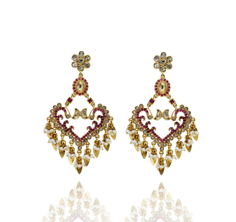 EARRINGS:- 92.5 STERLING SILVER GOLD PLATED WITH KUNDAN, CRYSTAL & PINK ZIRCONIA AND FRESH WATER PEARLS.