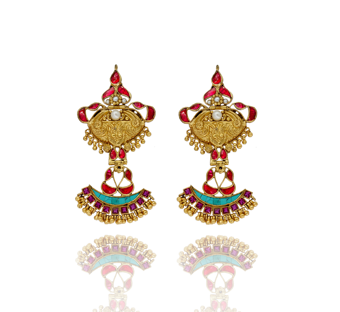 EARRINGS:- 92.5 STERLING SILVER GOLD PLATED WITH PINK ONYX, TURQUOISE, GARNET & PEARLS AND SILVER BEADS.