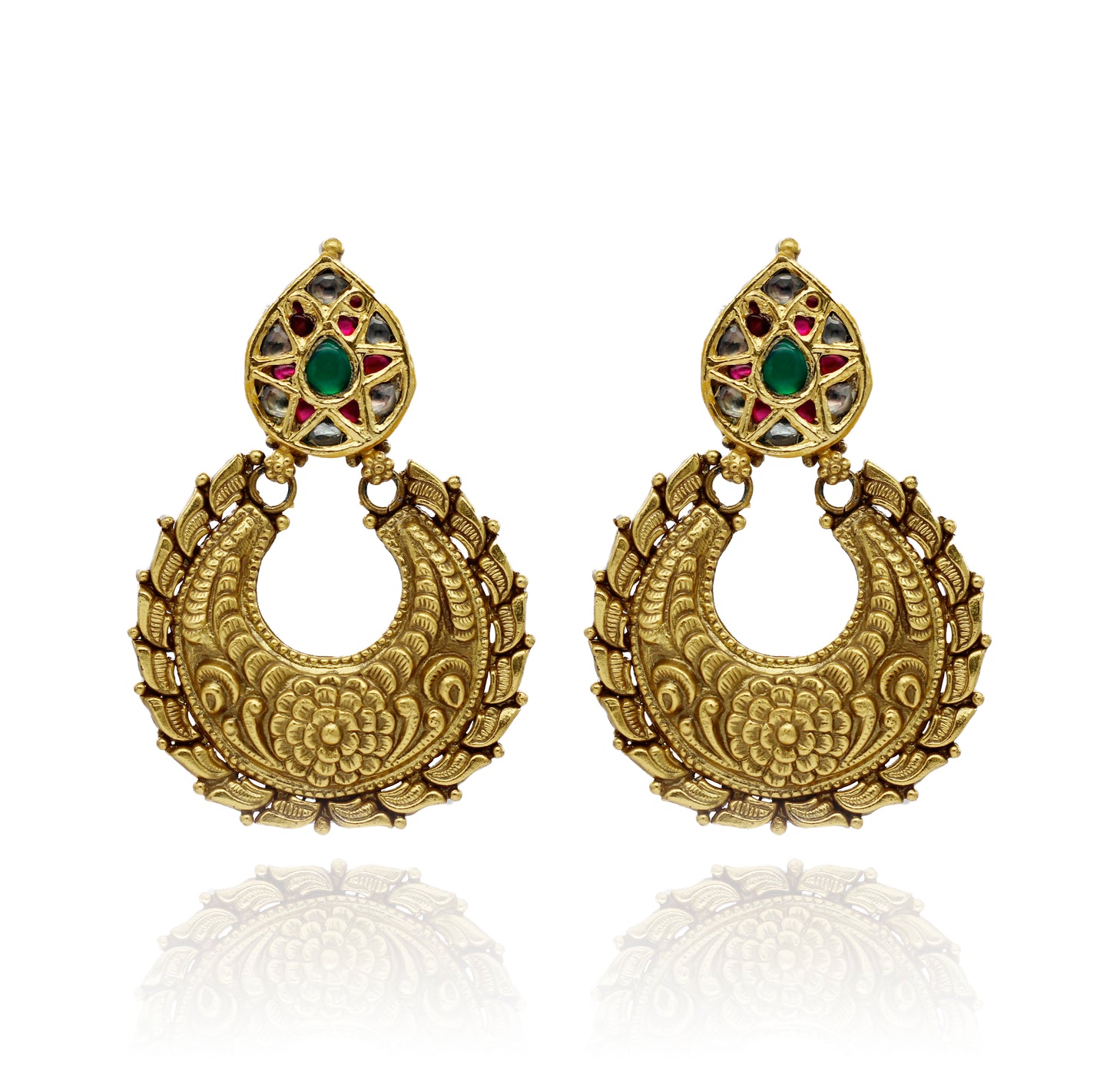 EARRINGS:- 92.5 STERLING SILVER GOLD PLATED WITH GREEN & PINK ONYX & CRYSTAL
