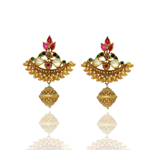 EARRINGS:- 92.5 STERLING SILVER GOLD PLATED WITH KUNDAN, GREEN & PINK ONYX stones AND PEARLS.