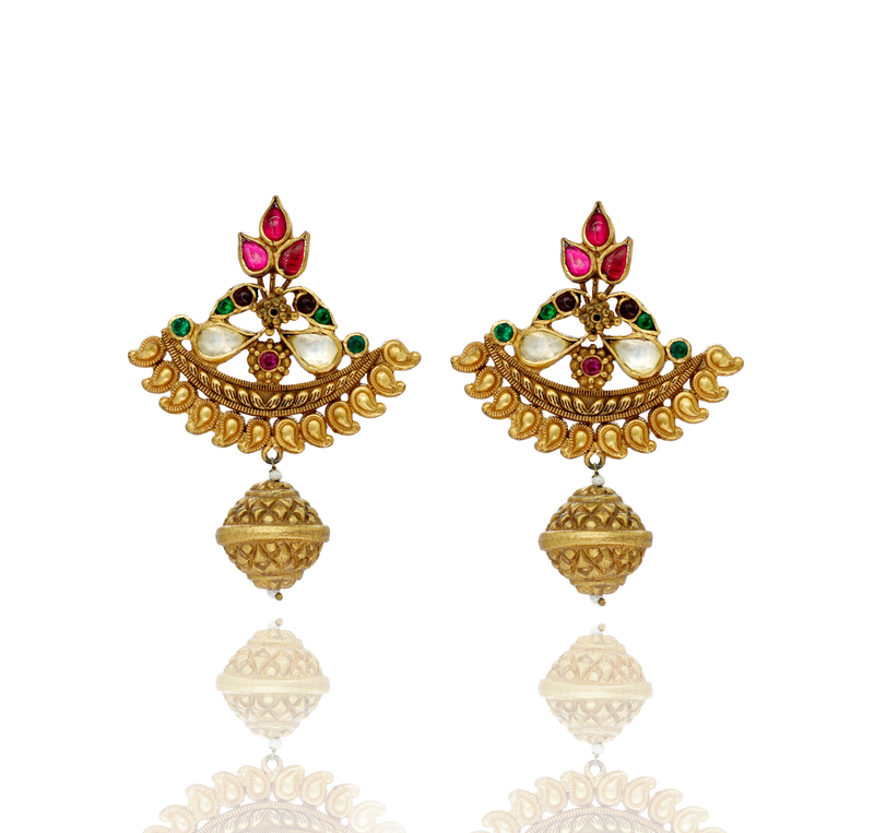 EARRINGS:- 92.5 STERLING SILVER GOLD PLATED WITH KUNDAN, GREEN & PINK ONYX STONES AND PEARLS.