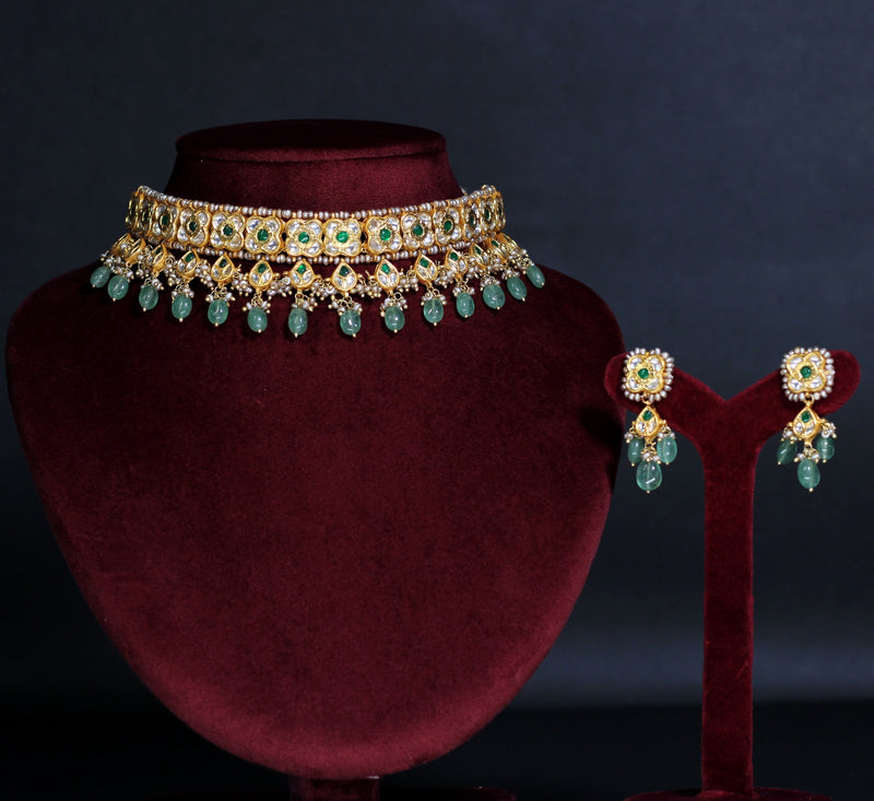 NECKLACE AND EARRING IN 92.5 STERLING SILVER 18KT GOLD PLATED WITH GREEN & RED ONYX, FLOURIDE & FRESH WATER PEARLS STONES