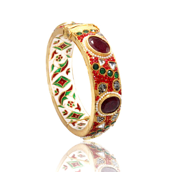 Gold Patra Bangle with Ruby & Emerald Stones