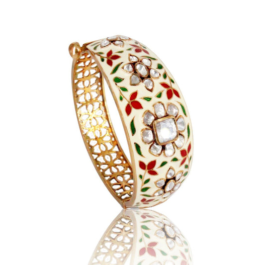 White Bangle with Red & Green Enamel along with Kundan Flower