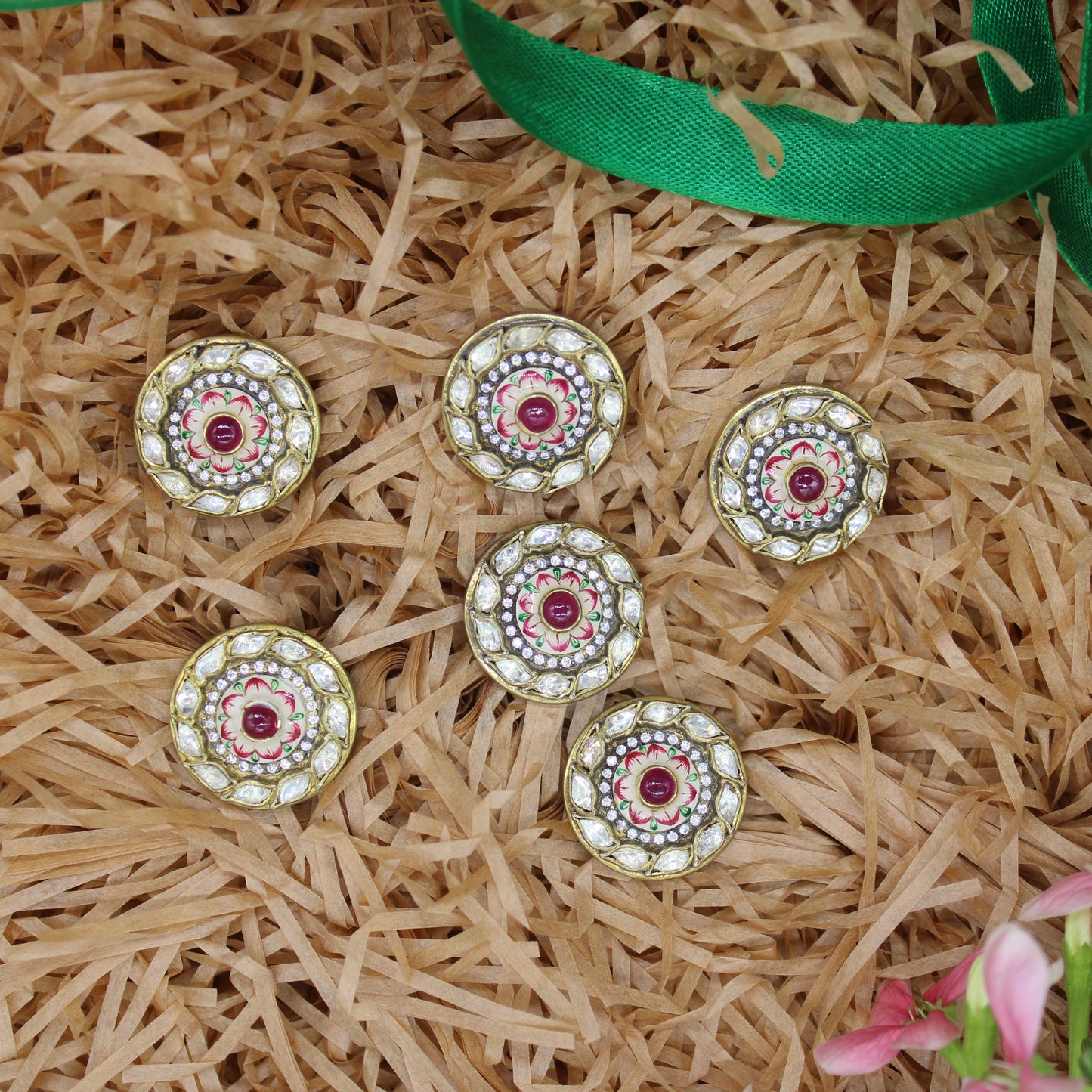 ENAMEL KURTA- BUTTONS:- 92.5 STERLING SILVER , GOLD PLATED  WITH CUBIC ZIRCONIA,KUNDAN  AND RED ONYX.