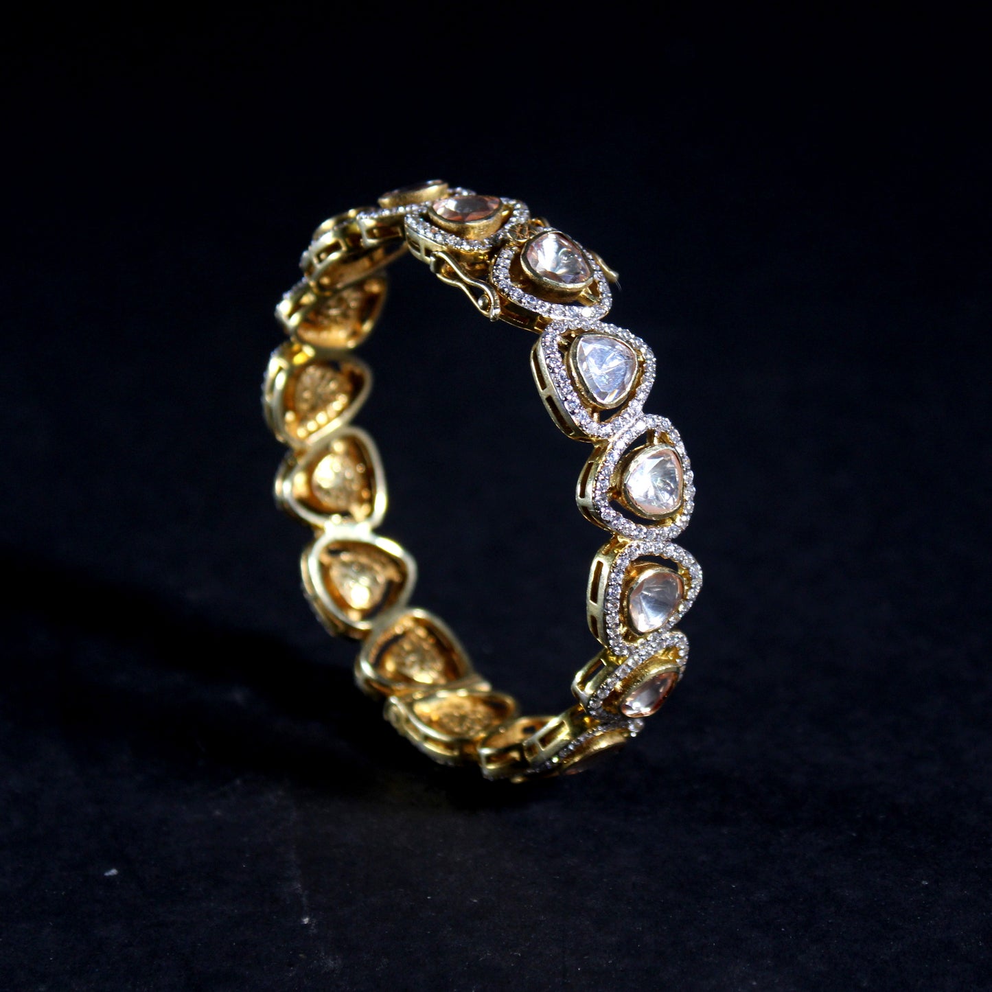 GOLD PLATED STERLING SILVER BANGLE  IN  MOSONITE POLKI COLLECTIONS.
