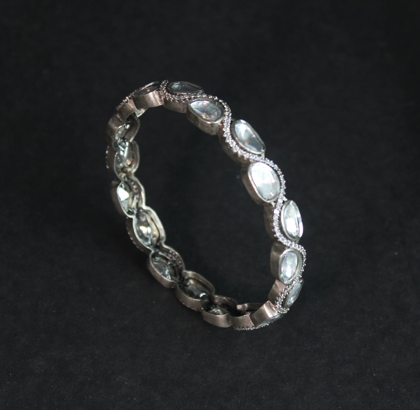 OXIDIZED BANGLE IN  92.5 STERLING SILVER WITH POLKI WITH ZIRCONIA stones