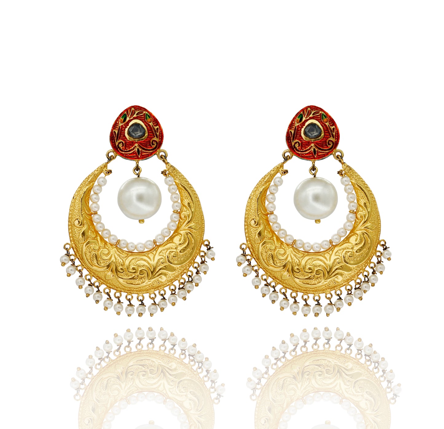 EARRINGS:-92.5 STERLING SILVER GOLD PLATED WITH ENEMAL & CRYSTAL, CULTURED & FRESH WATER PEARLS.