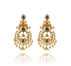 EARRINGS- 92.5 STERLING SILVER GOLD PLATED WITH ZIRCONIA, GREEN ONYX AND SILVER BEADS.