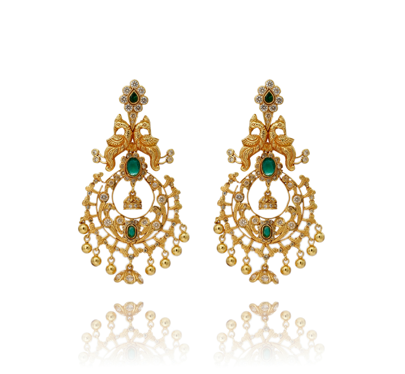 EARRINGS- 92.5 STERLING SILVER GOLD PLATED WITH ZIRCONIA, GREEN ONYX AND SILVER BEADS.