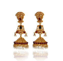 EARRINGS:- 92.5 STERLING SILVER GOLD PLATED WITH GREEN & PINK ONYX AND FRESH WATER PEARLS.