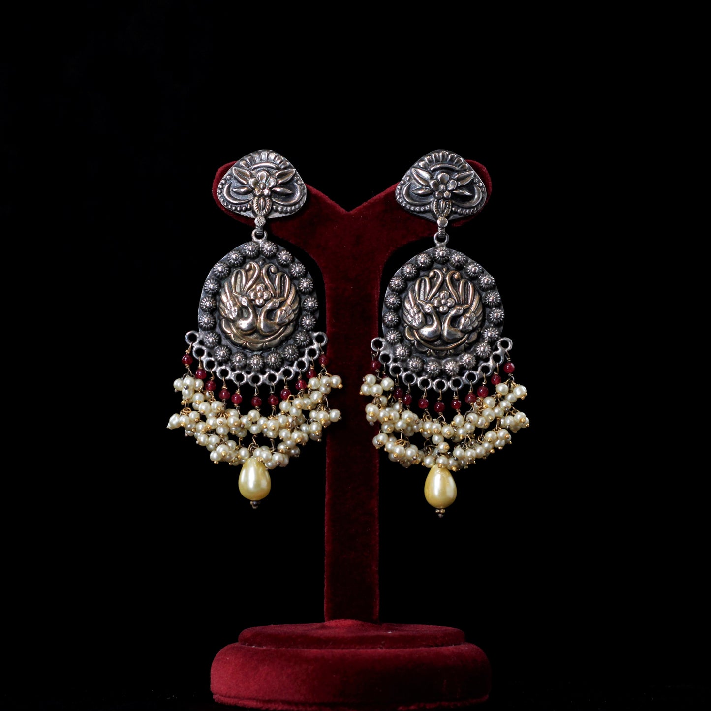 TWO-TONE EARRINGS :- 92.5 STERLING SILVER WITH RED ONYX & FRESH WATER PEARLS.
