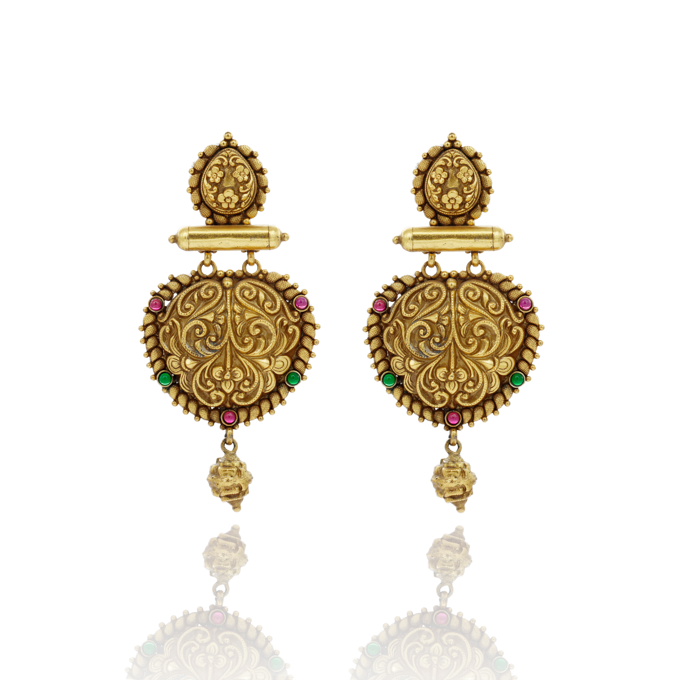 EARRINGS:- 92.5 STERLING SILVER GOLD PLATED WITH GREEN & PINK ONYX.
