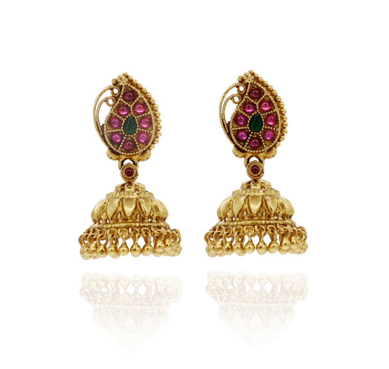 EARRINGS:- 92.5 STERLING SILVER GOLD PLATED WITH GREEN & PINK ONYX AND SILVER BEADS.
