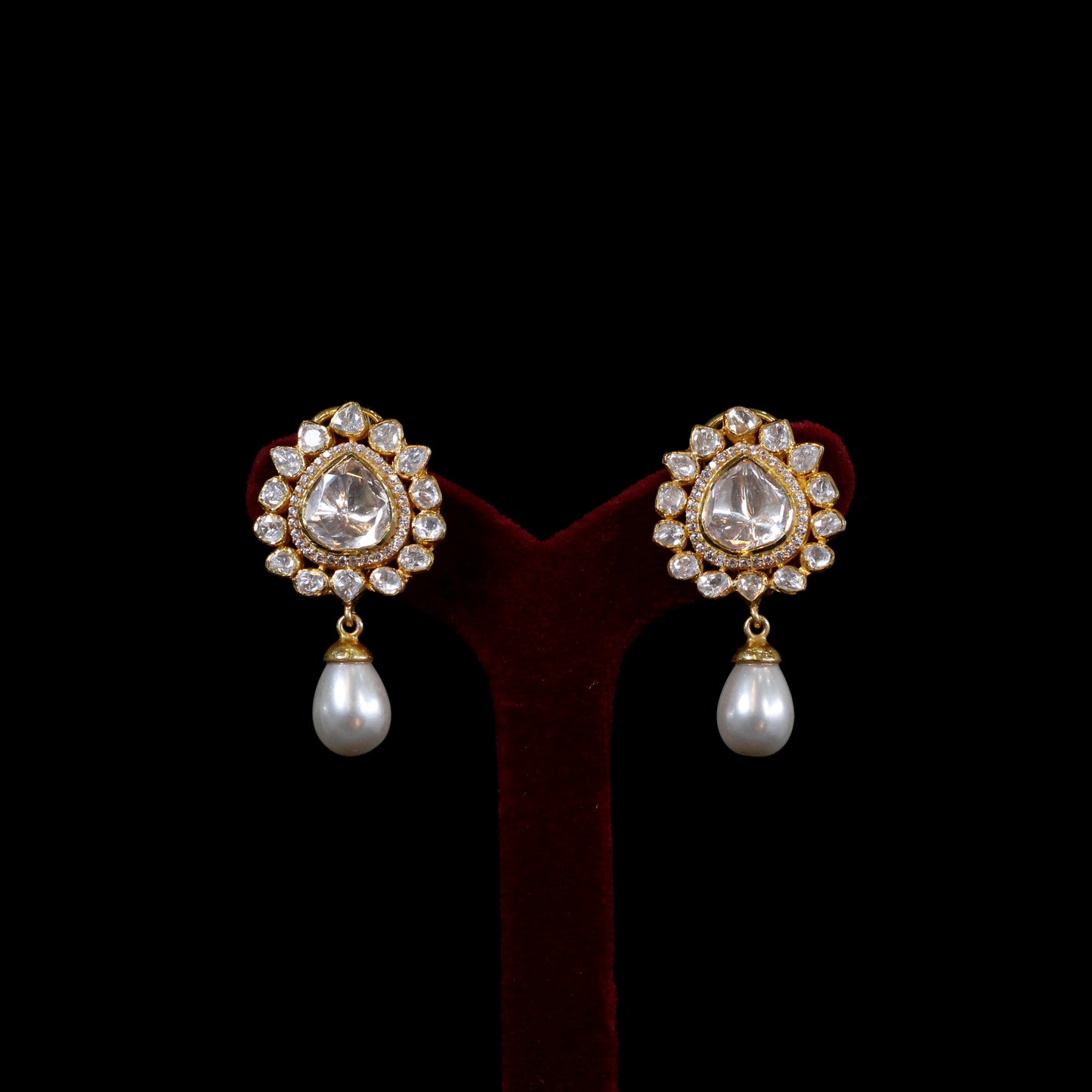 EARRINGS- 92.5 STERLING SILVER GOLD PLATED WITH KUNDAN AND PEARLS.
