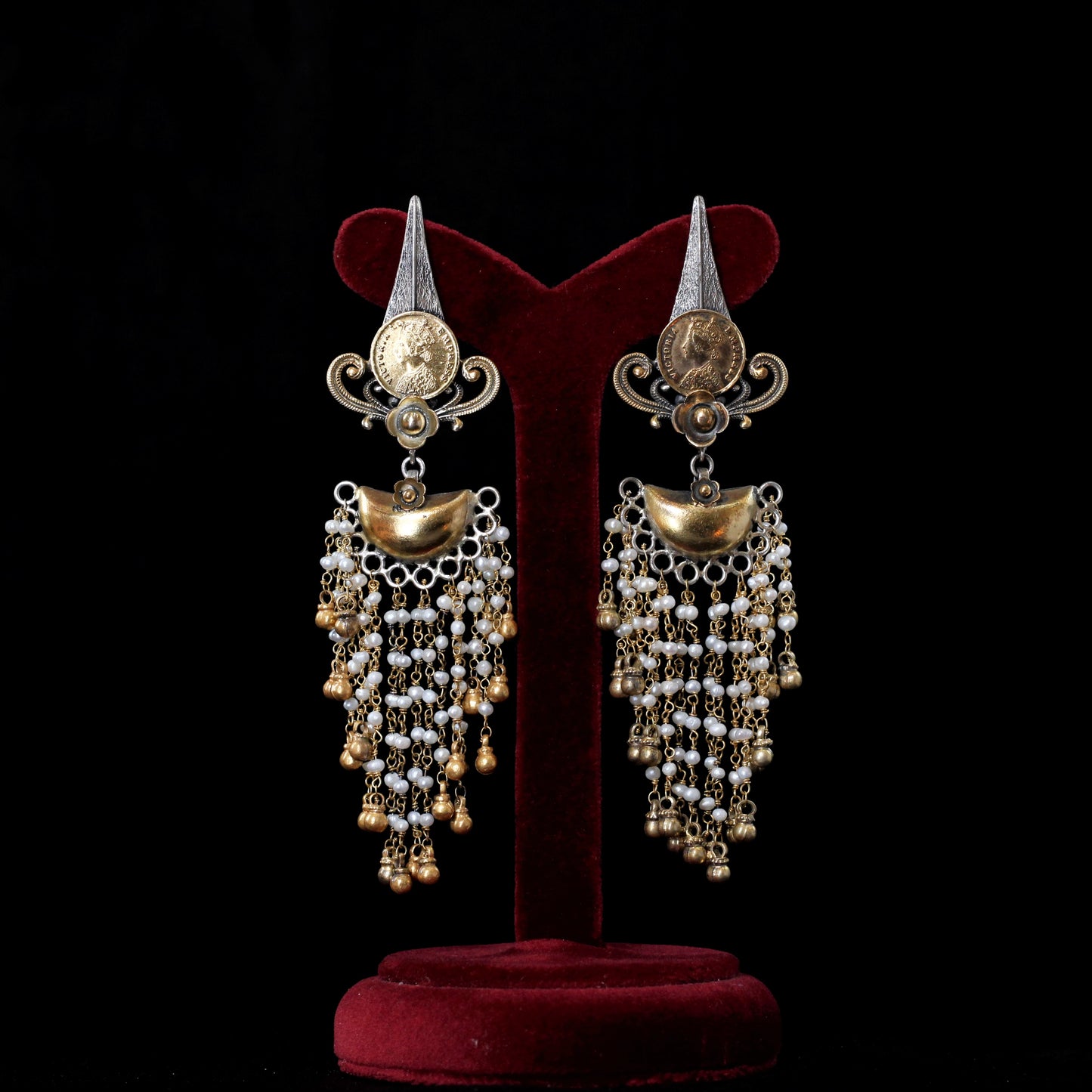 TWO-TONE EARRINGS:- 92.5 STERLING SILVER WITH SILVER BEADS & FRESH WATER PEARLS.