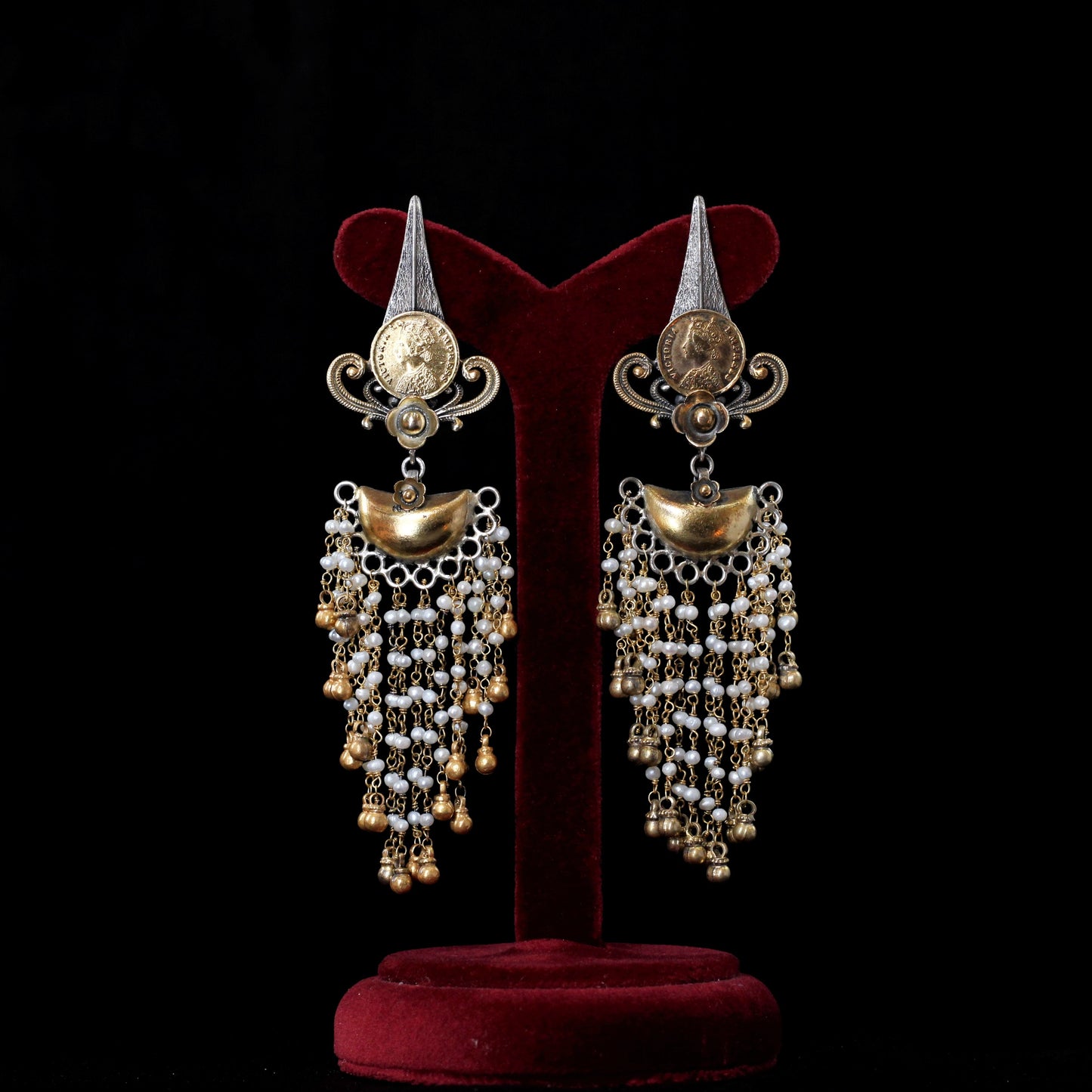 TWO-toned EARRINGS:- 92.5 STERLING SILVER WITH SILVER BEADS & FRESH WATER PEARLS.