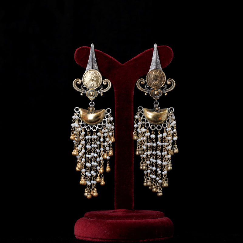 TWO-TONE EARRINGS:- 92.5 STERLING SILVER WITH SILVER BEADS & FRESH WATER PEARLS.