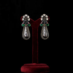 TWO-TONE EARRINGS :- 92.5 STERLING SILVER WITH PINK,GREEN & BLACK ONYX WITH CRYSTAL STONES.