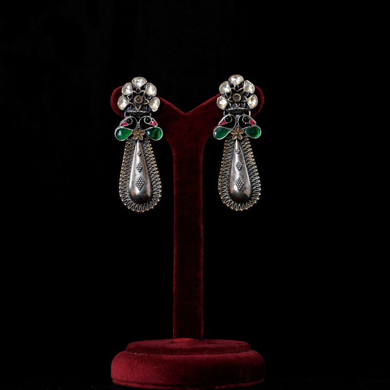 TWO-TONE EARRINGS :- 92.5 STERLING SILVER WITH PINK,GREEN & BLACK ONYX WITH CRYSTAL STONES.