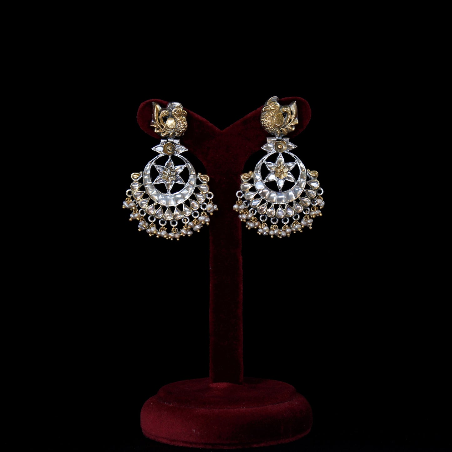 TWO-toned EARRINGS:- 92.5 STERLING SILVER WITH KUNDAN & FRESH WATER PEARLS.