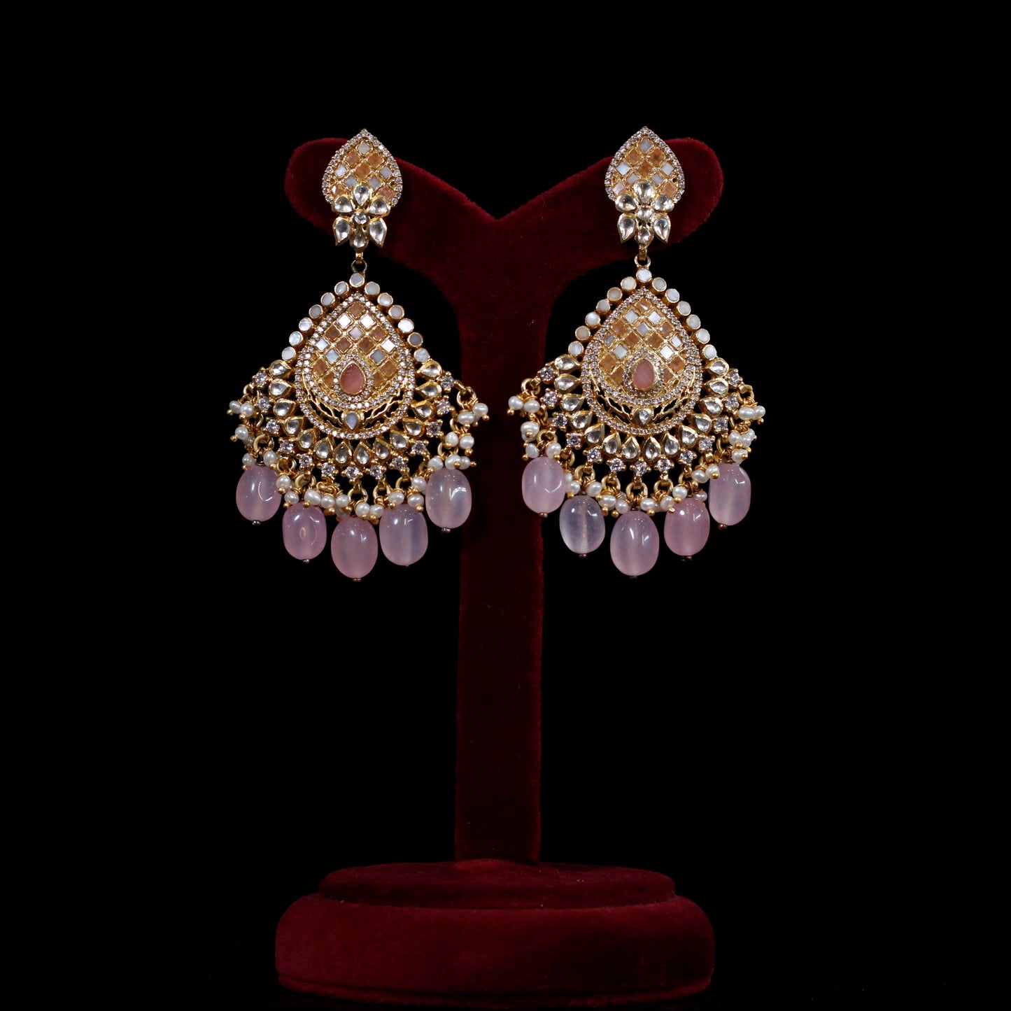 EARRINGS- 92.5 STERLING SILVER GOLD PLATED,  SUN stones, ZIRCONIA, KUNDAN, ROSE QUARTZ WITH FRESH WATER PEARLS.
