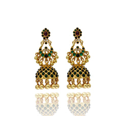 EARRINGS:- 92.5 STERLING SILVER GOLD PLATED WITH CRYSTAL, PINK & GREEN ONYX AND SILVER BEADS.